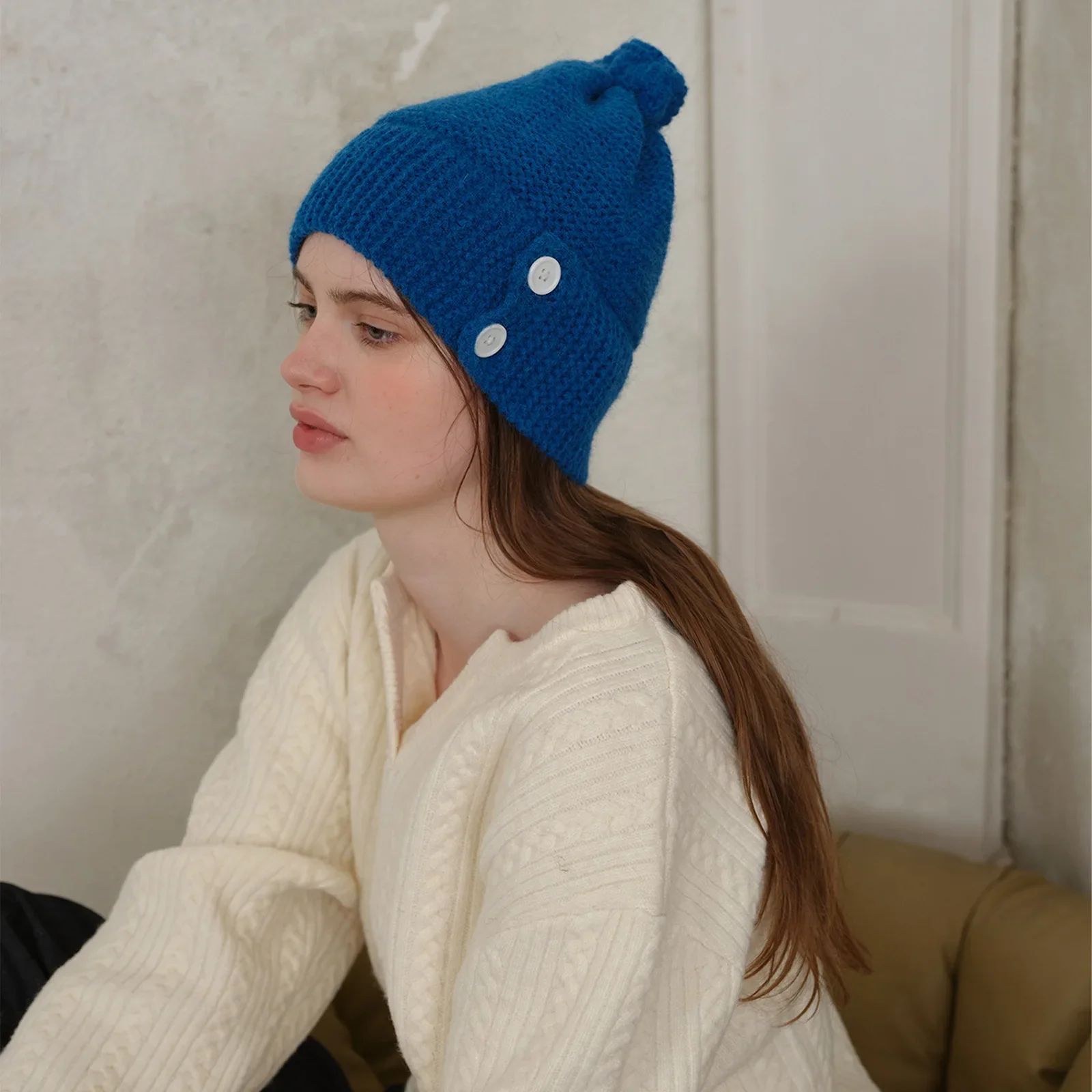 2024 New Winter Personalized Warm Klein Blue B with Comfortable Ear Protection Button Knitted Wool Cold Hat Women