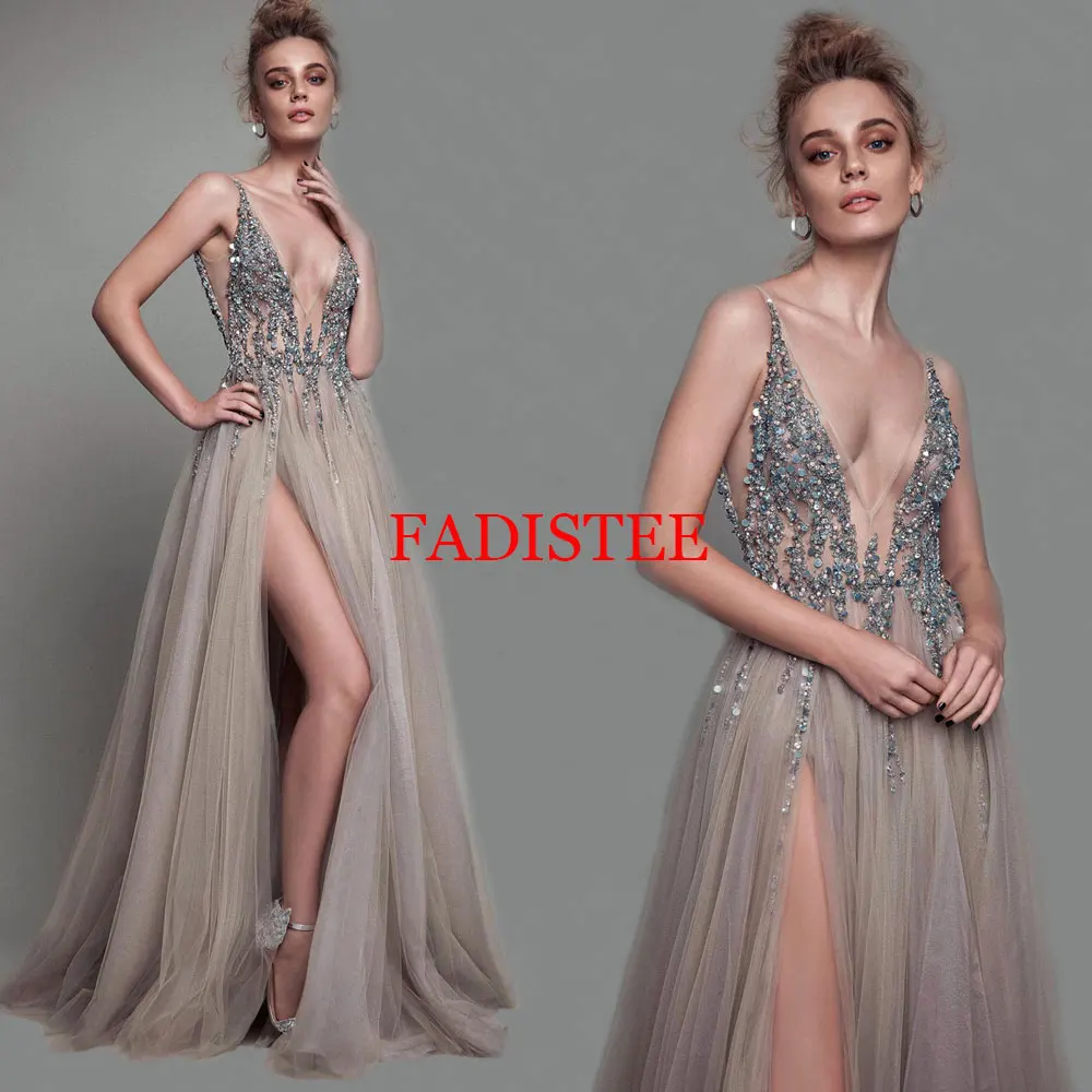

Customized Party Prom Dresses Split Beading Illusion Elegant Evening Formal Spaghetti Straps Dresses For Women Sparkly Crystal