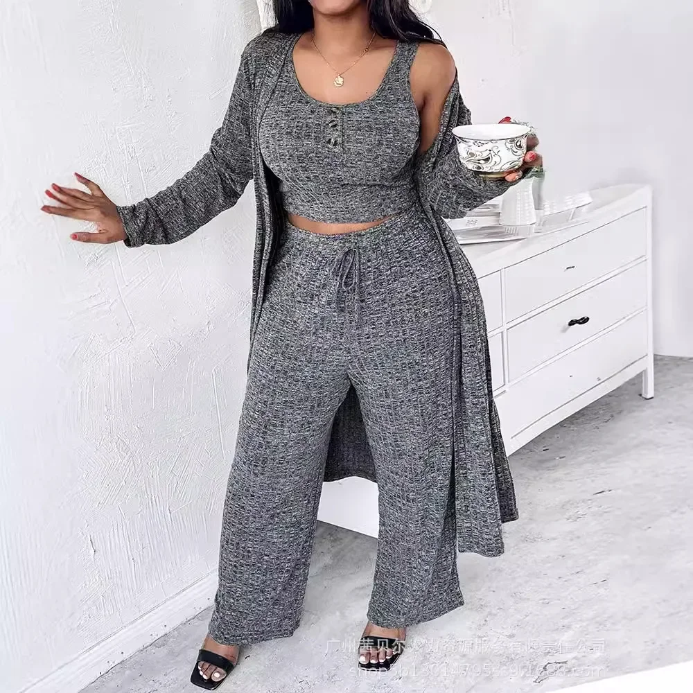 Women 3pcs Clothes Set Solid Color Knitwear Home Wear Long Loose Cardigan Cami Tank Top & Wide Leg Pants