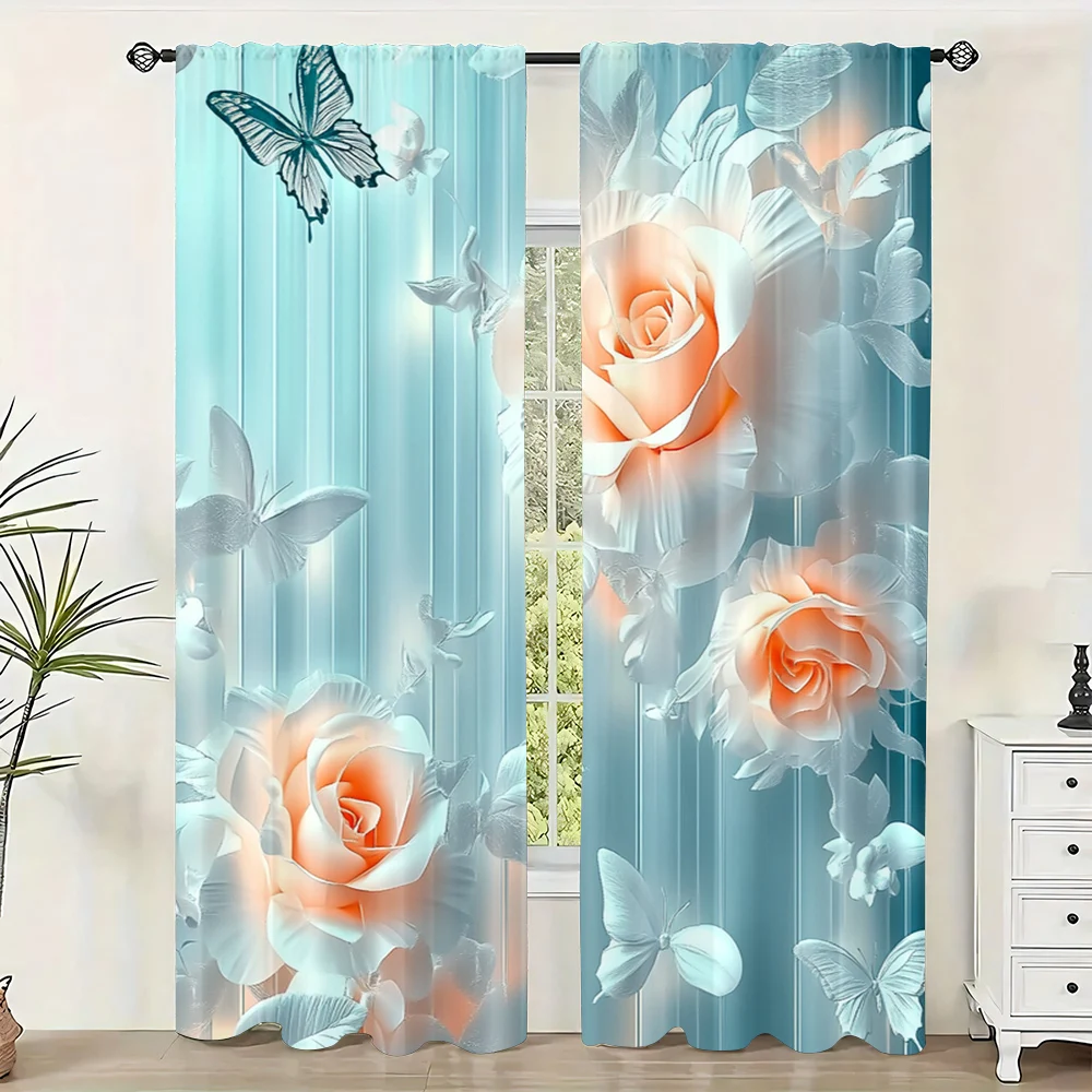 

2Pc Vintage Flower Butterfly Landscape Printed Curtains Decorate Your Windows With Style Rod Pocket Mount, Digital Print,