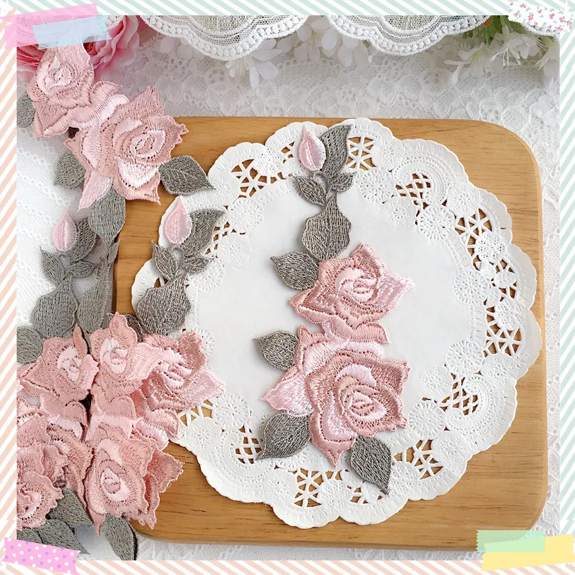 3Pcs Pink FLower Applique Embroidered Sew-On Lace Patch DIY Wedding Decoration 16*7CM