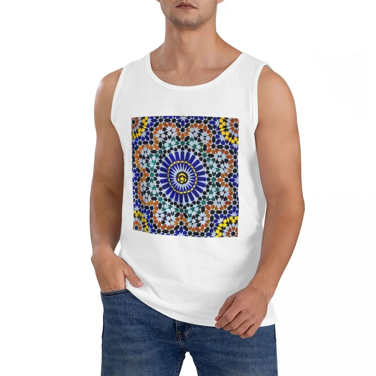 100% Cotton Arabic Tiles Moroccan Mosaic Sleeveless T-Shirt Men Workout Sports Clothing Tops Men's Crew Neck Vest