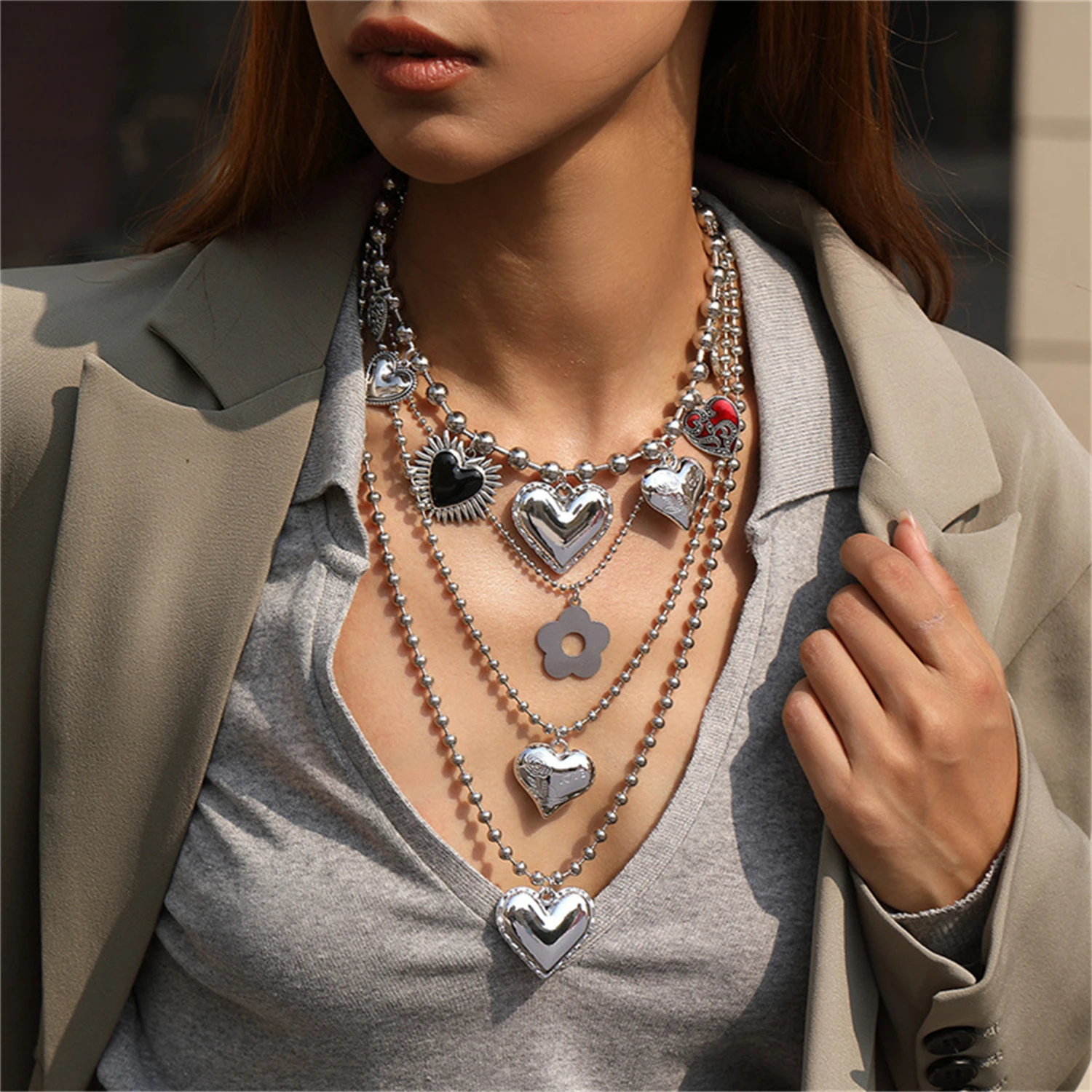 

WAKA Trendy Multi Layered Necklace for Women Heart Flower Charms Statement Jewelry Edgy Street Style Accessory for Daily Look