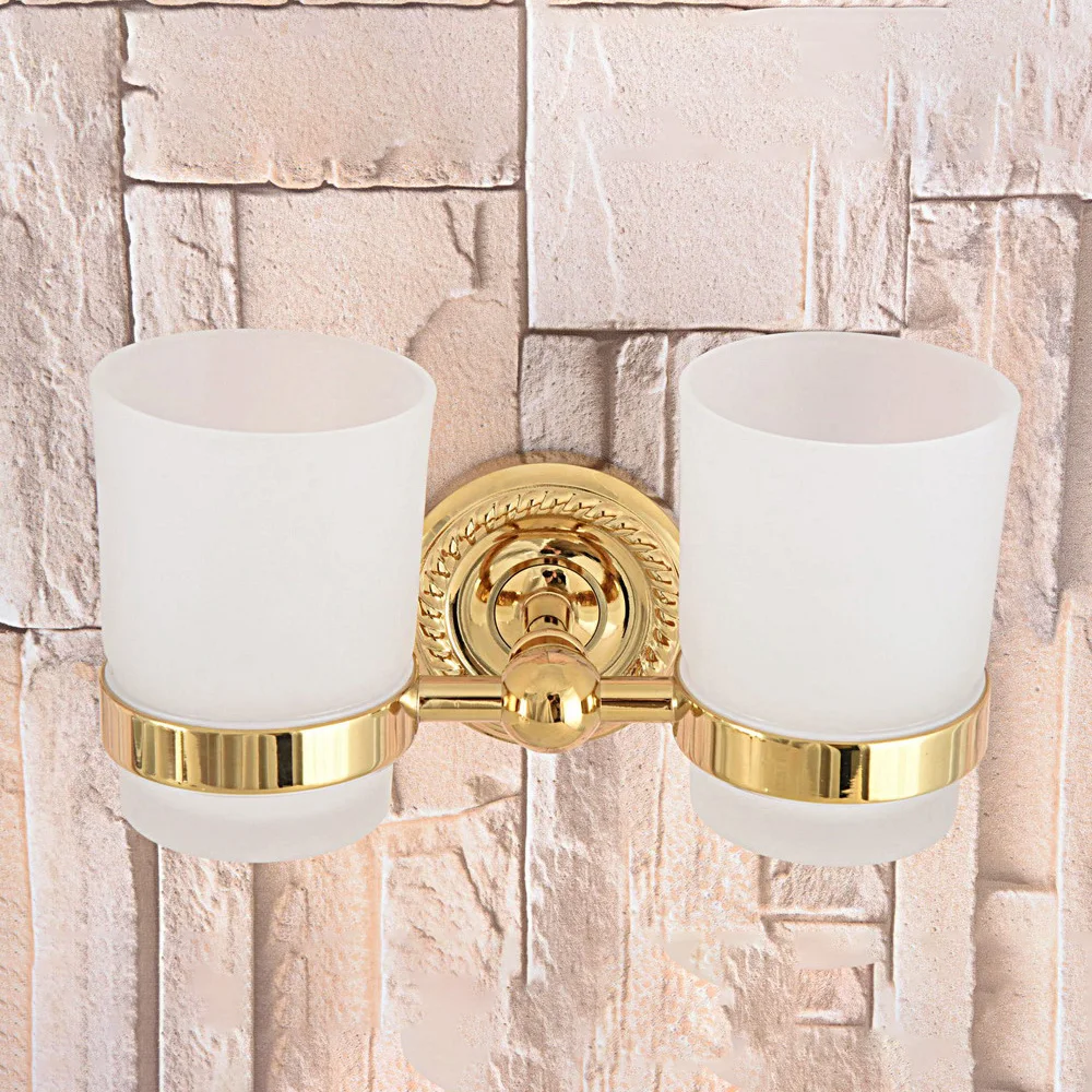 

Gold Color Brass Bathroom Accessories Glass Cup Holder Wall Mount Toothbrush Holder for Bathroom