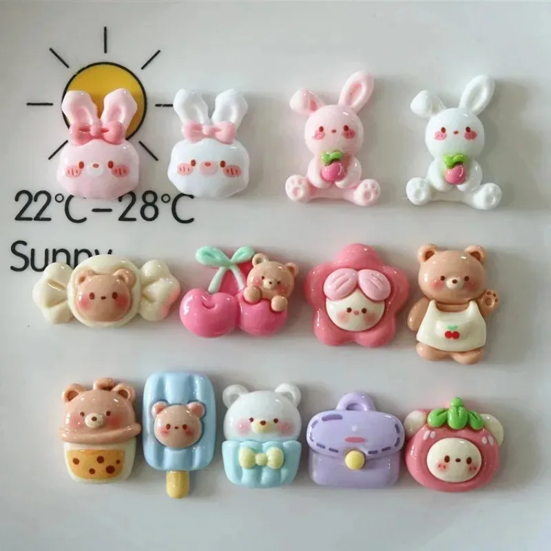 10Pcs Lovely Cherry Rabbit Bear Flat Back Resin Charms Kawaii Small Decor DIY Scrapbook Embellishment Home Ornament Supplies