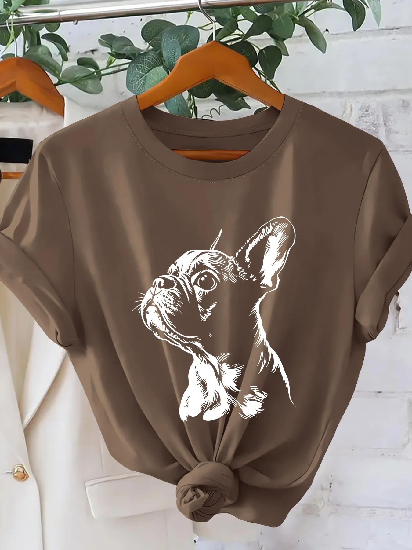 French Fighting Dog Minimally Printed Women's T-shirt Pet Enthusiast Round Neck Short Sleeve Summer Elegant Women's Vacation Top