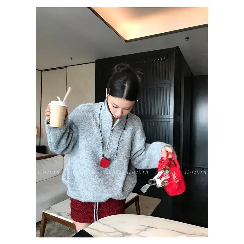 Grey Letter Drawstring Pullover Sweater Jumper Sueters De Mujer Winter Clothes Women Knit Tops Grunge Subcultural American