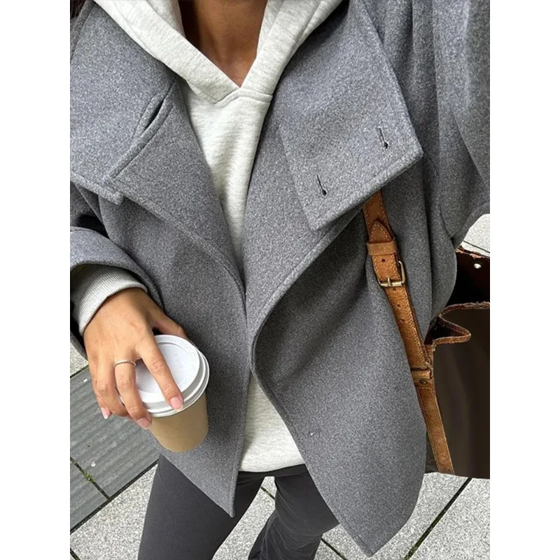 

Двубортная шерстяная короткая куртка женская с лацканами, карманами и длинными рукавами, модная