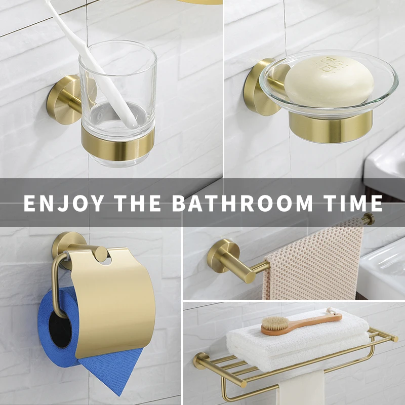 Brushed Gold Bathroom Accessories Towel Rack Toilet Brush Roll Paper Holder Towel Bar Hook Soap Dish Bathrom Hardware Wall Shelf