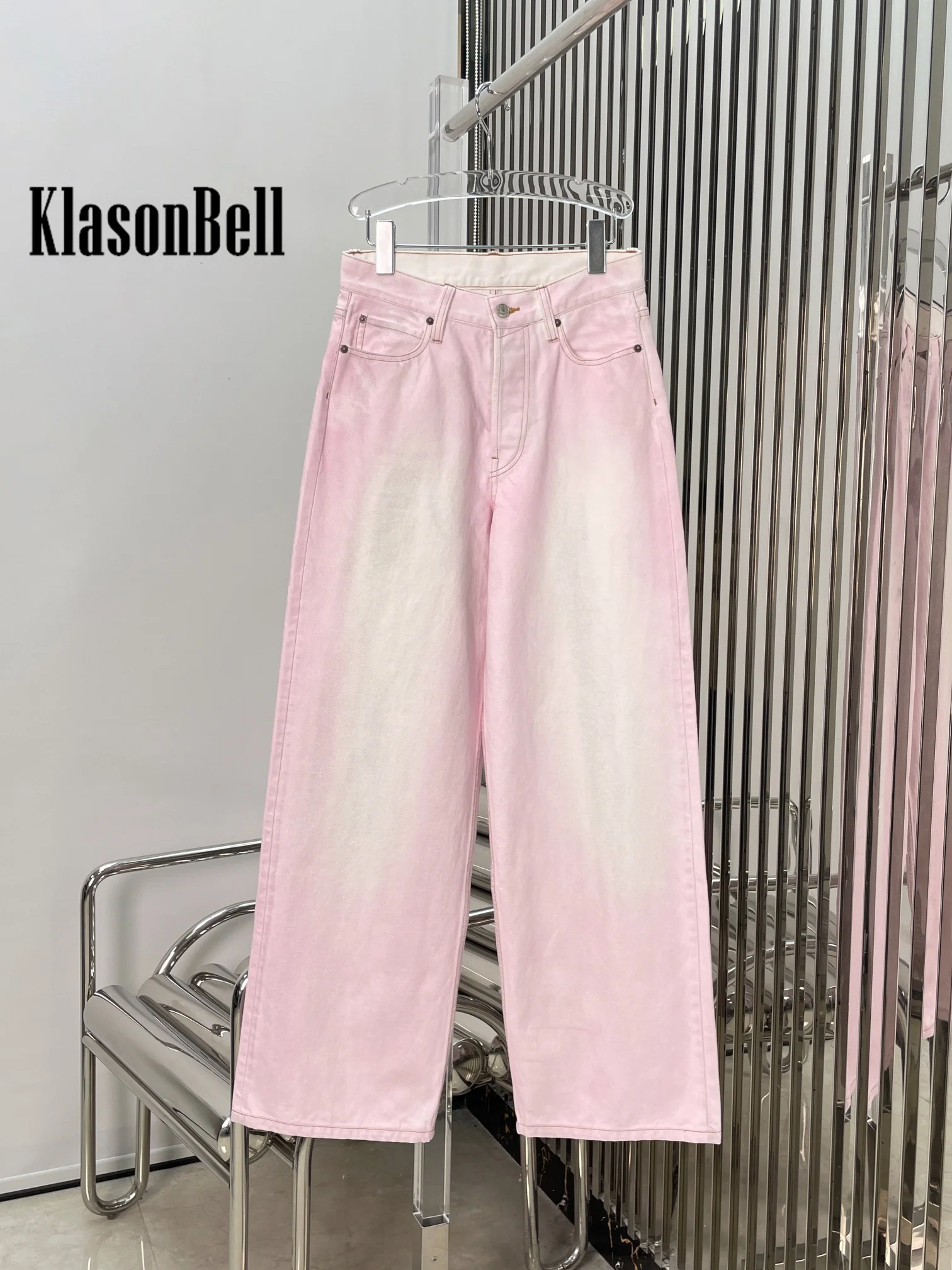 11.23 KlasonBell Fashion New Pink Jeans Washed Distressed Denim Back Spliced Cowhide High Waist Straight Pants For Women