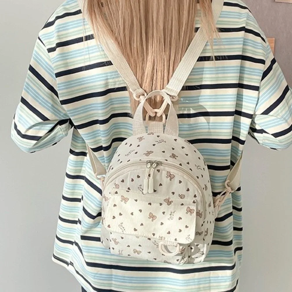 Sweet Corduroy Mini Backpack Lightweight Multi-compartment Shoulder Bag Zippered Opening Heart Bow Print Casual Backpack Commute
