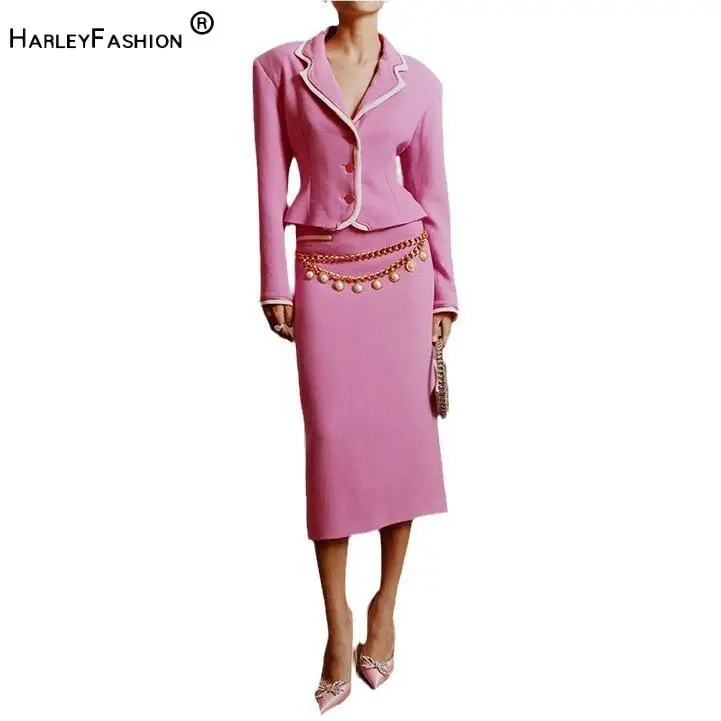 

2024 New Arrival Lady Colorblock Suit Long Sleeve Single-breasted Notched Blazer Midi Pencil Skirt