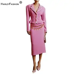 2024 New Arrival Lady Colorblock Suit Long Sleeve Single-breasted Notched Blazer Midi Pencil Skirt