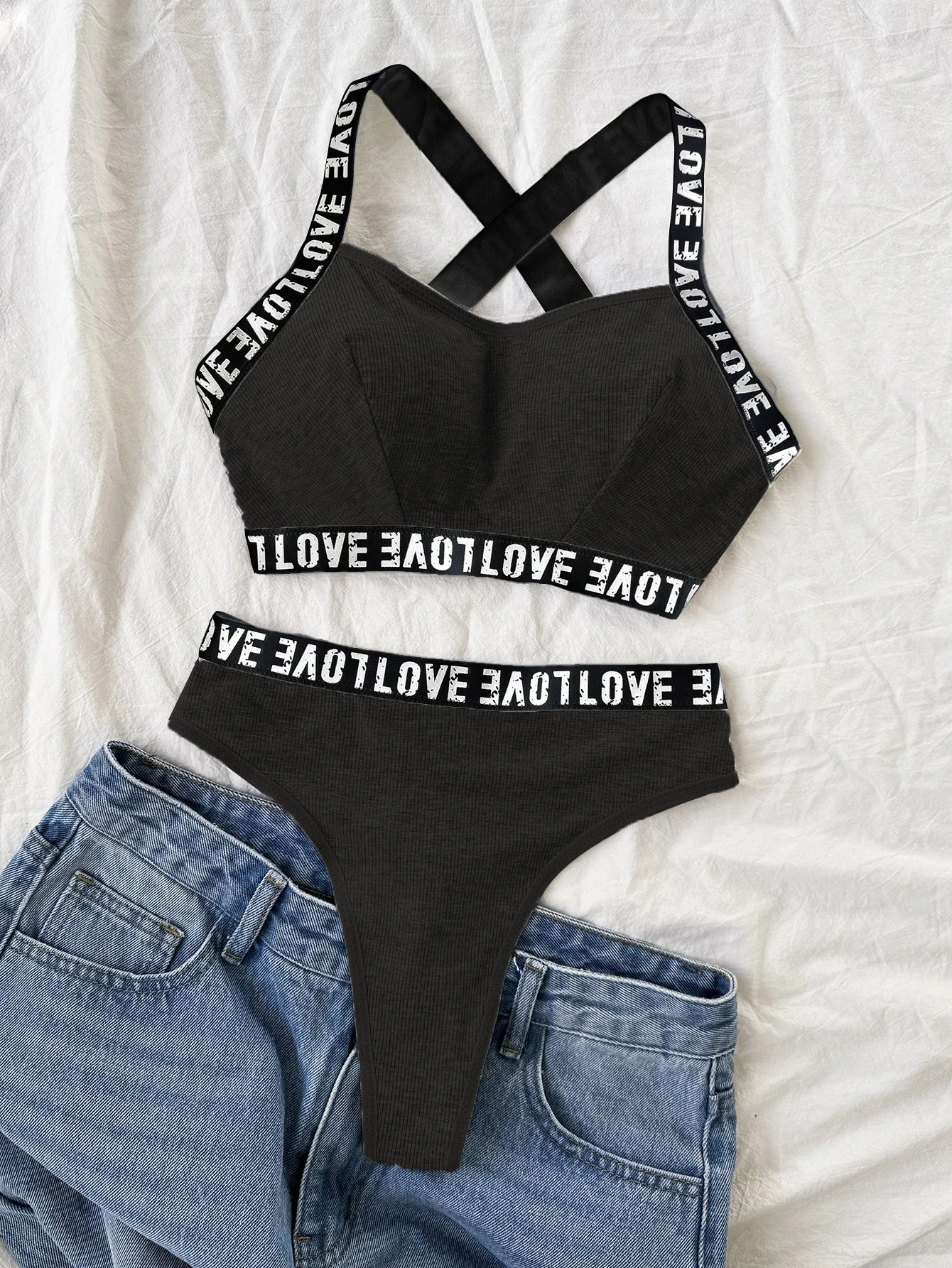 Women\'s Lingerie & Underwear,women rib fabric elastic bralette& Panties,sporty crop top and brazilian panties