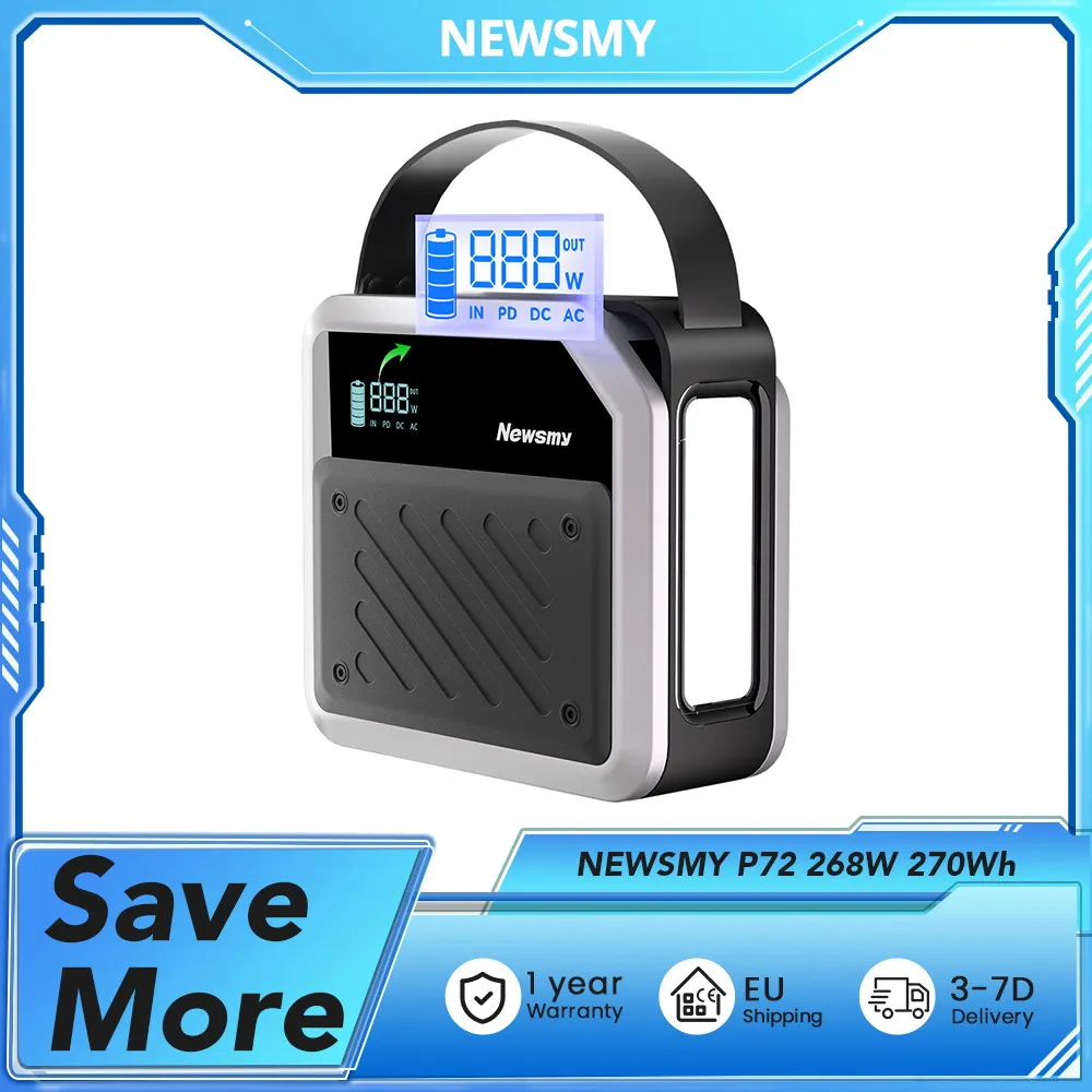NEWSMY P72 Centrale elettrica portatile 268W 270Wh/72000mAh Batteria LiMnFePO4 con faretto, 2×100W USB-C PD, 5 uscite, ABS ignifugo