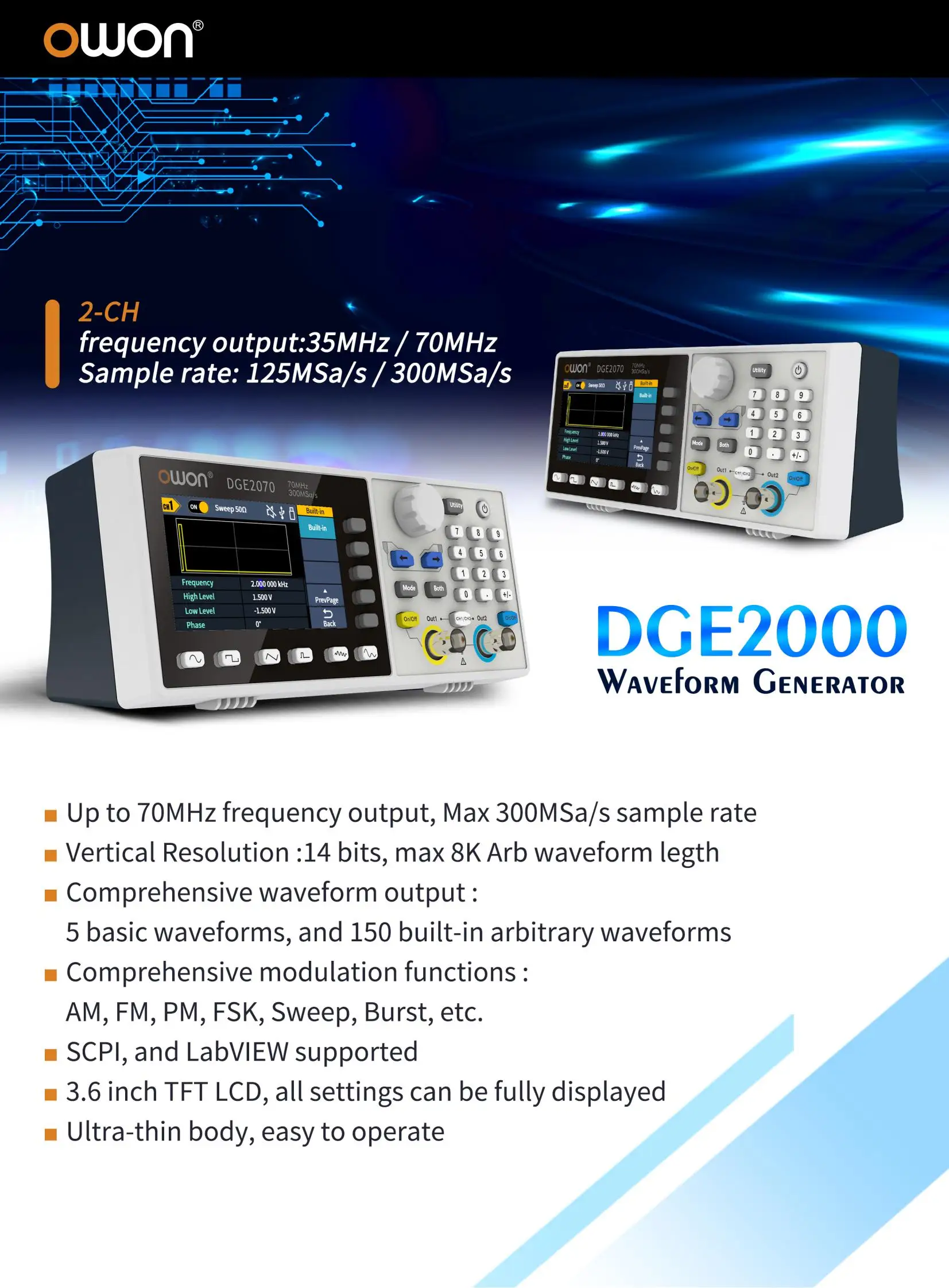 OWON DGE2035 DGE2070 Function Arbitrary Waveform Generator Signal Source Dual Channel 300MS/s 14bits Frequency Meter 35Mhz 70Mhz