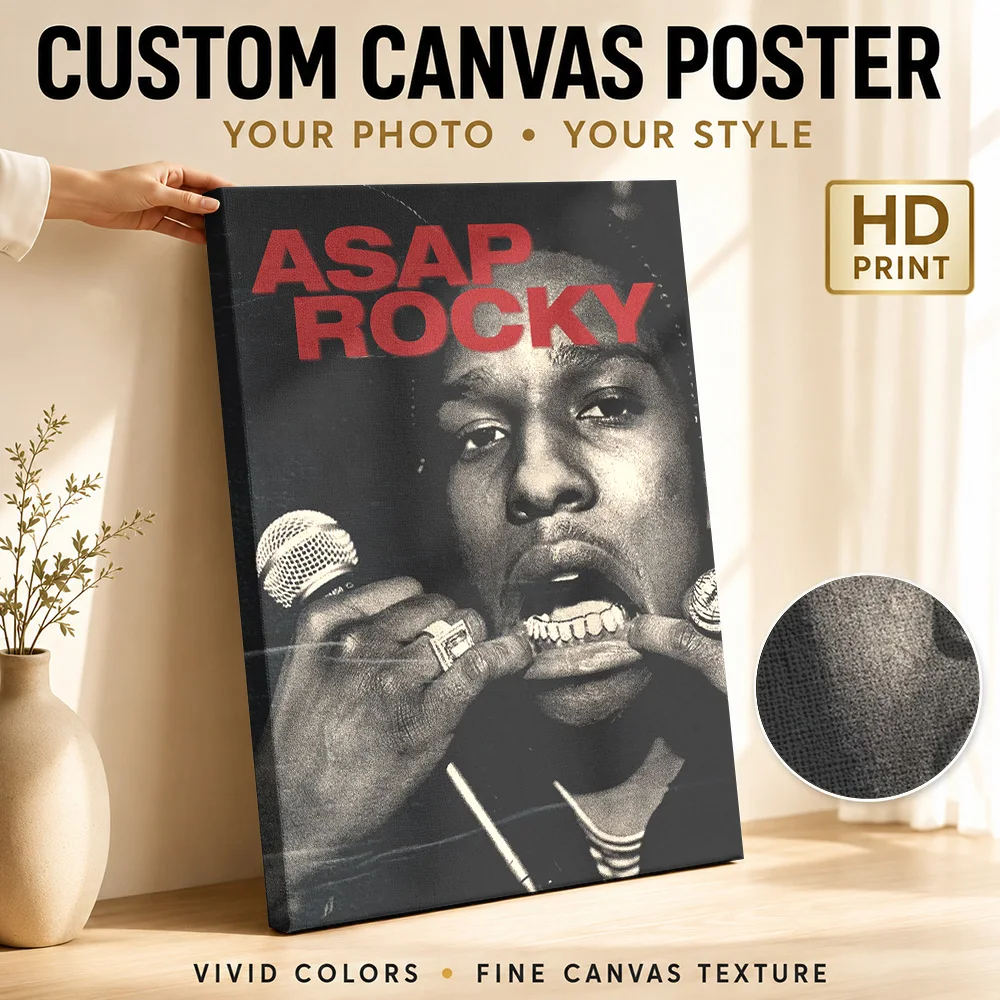 Rapper Performing With Microphone Canvas Print Customized Photo High Contrast Monochrome Wall Art For Music Room Birthday Gift