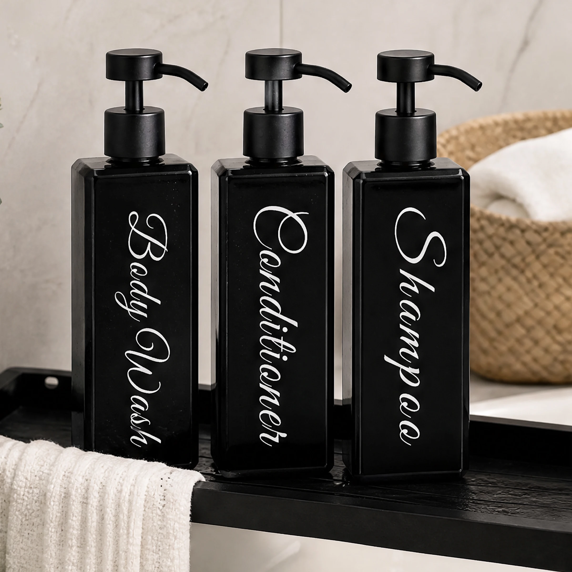 1set Black Shower Soap Dispenser, Matte Shampoo Conditioner Body Wash Pump Bottles, 16oz Refillable Bottles for Bathroom Decor