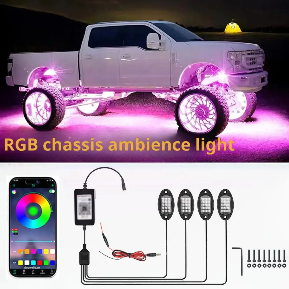 RGB LED Rock Lights For Car Truck UTV App Control Music Mode 250cm Cord Length Vehicles Flashing Music Mode Truck Chassis Lights