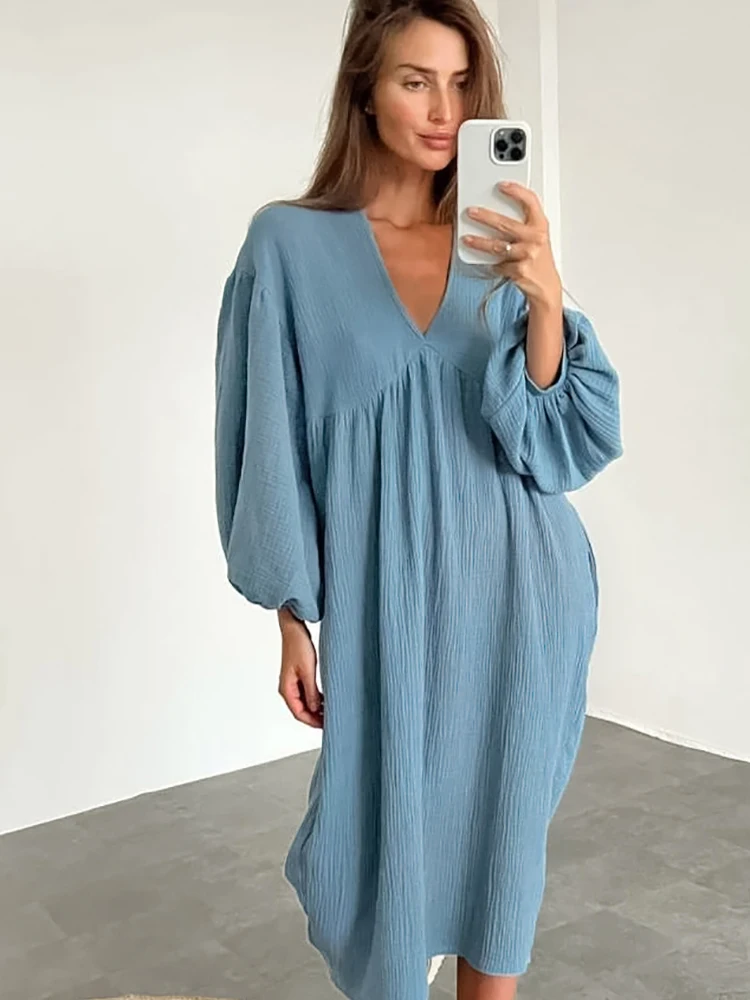 Linad Lantern Sleeve Night Dress Women Loose V Neck Sleepwear 2022 Autumn Cotton Woman Dresses Casual Pajamas Solid Elegant