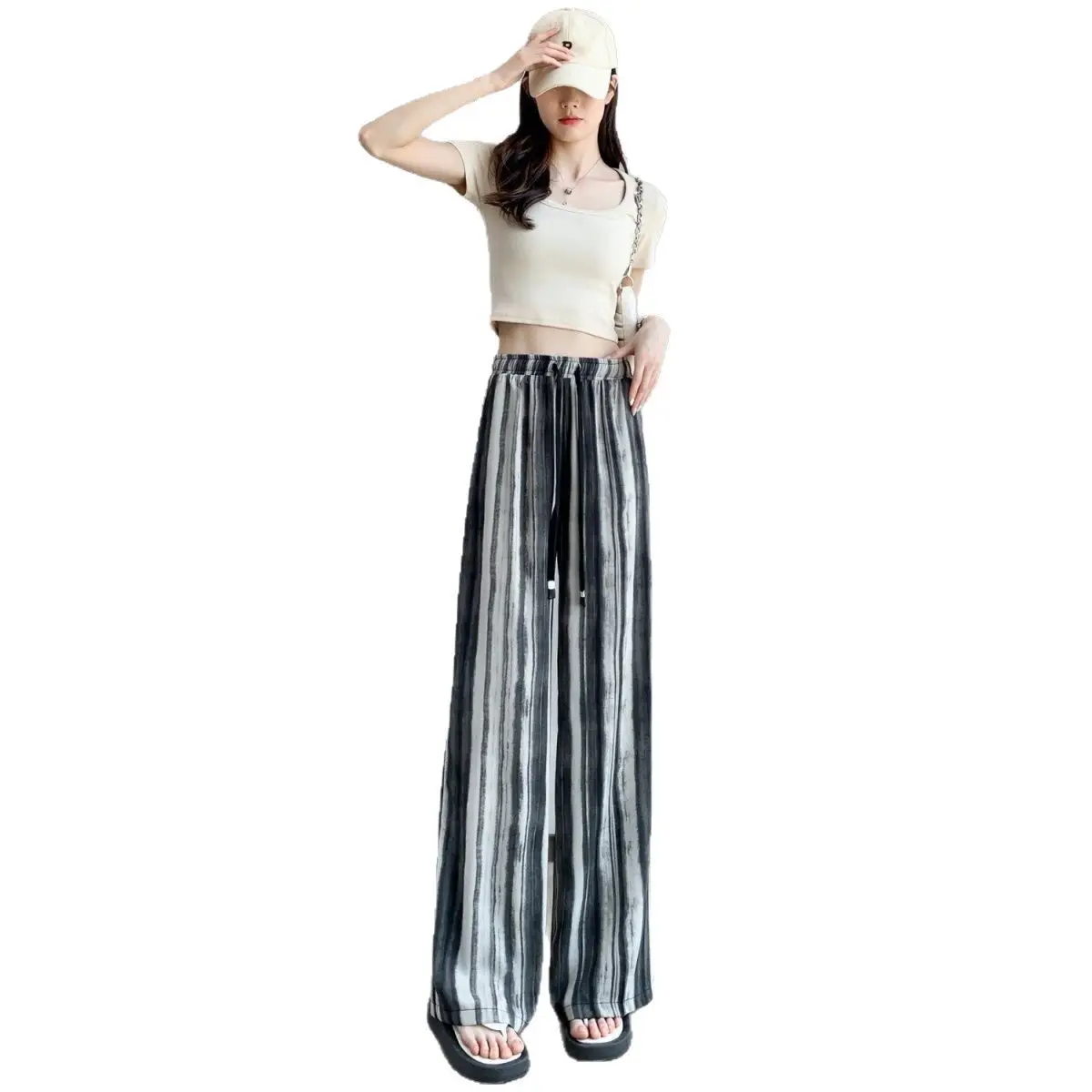 Chinese Style Ice Silk Wide Leg Pants for Women Spring Summer 2025 New High Waist Straight Drape Ink Tie Dye Casual Pants