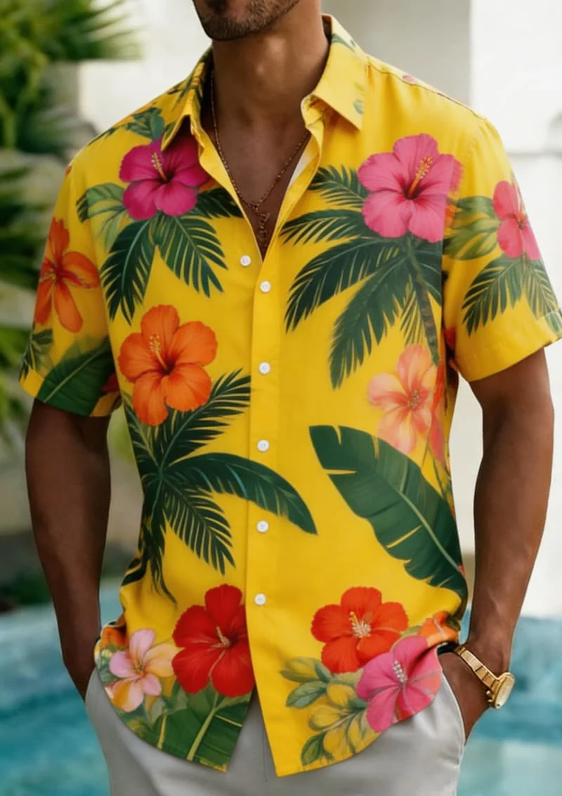 Men's Premium Tropical Bird Flower Plant Lapel Shirt, Luxury Casual Design for Summer Vacation, High-End Beachwear & Daily Style