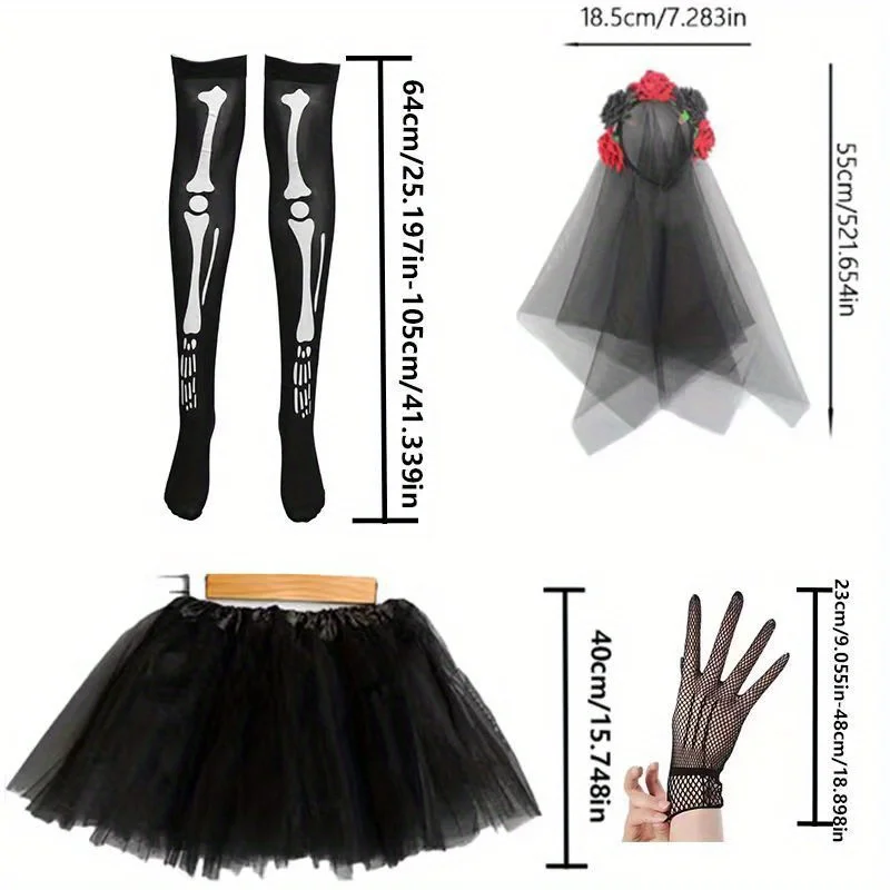 PESENAR Day of the Dead Costume Set - Lace Gloves, Stockings, Veil Skirt & Headdress for Halloween & Carnival