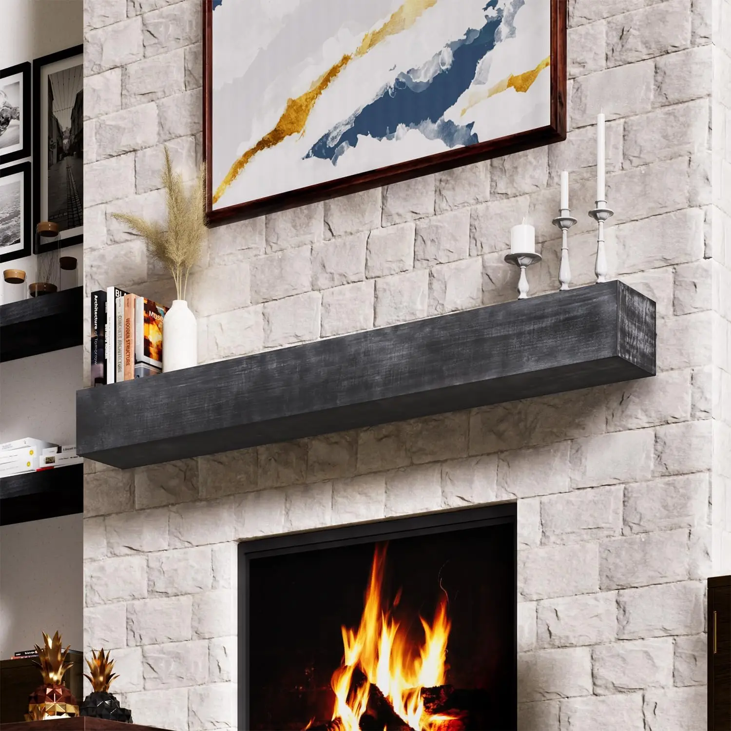 Mantel for Over Fireplace, Wood Mantel with Invisible Heavy Duty Metal Bracket, Wooden Floating Shelves for Wall, Grey