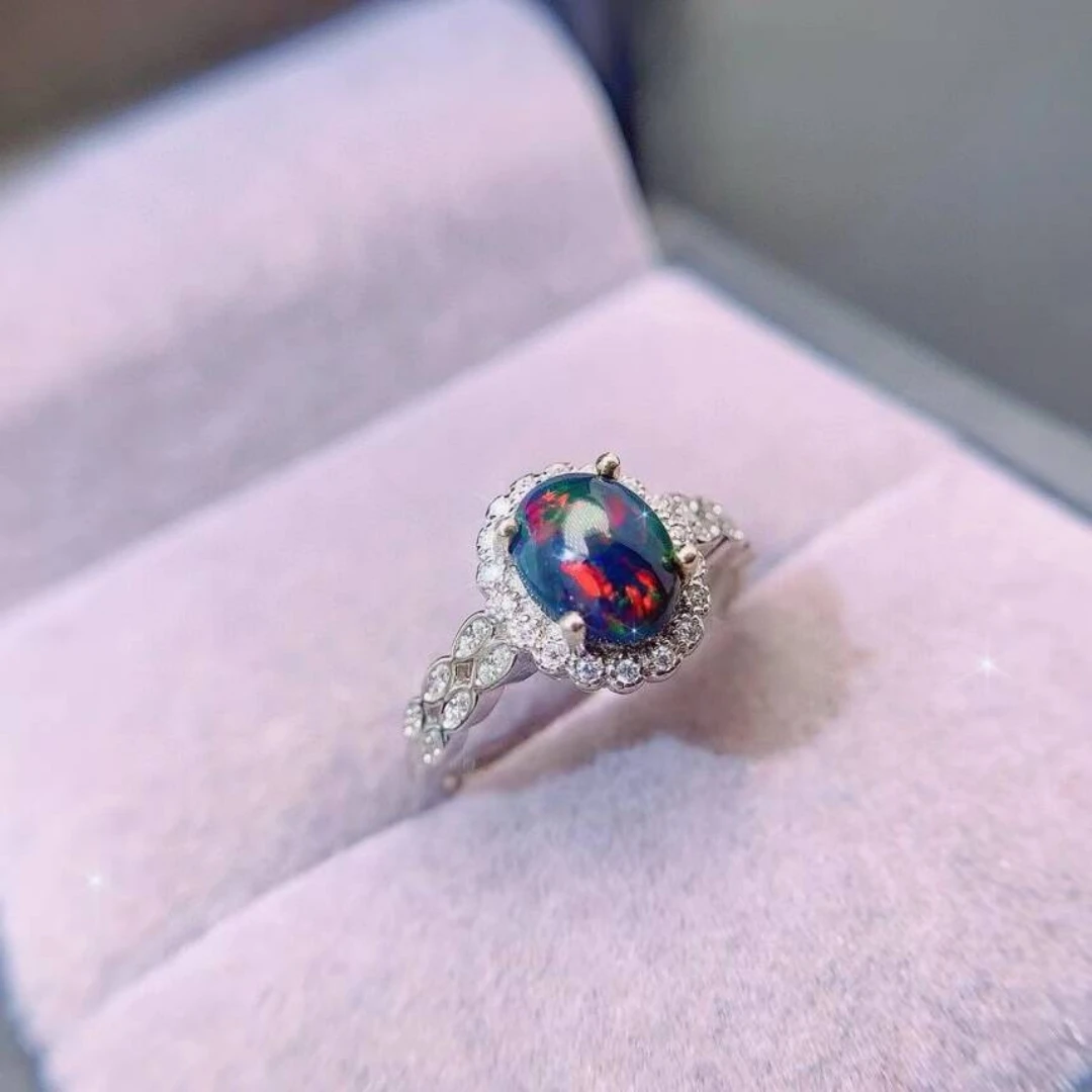 KJJEAXCMY New Jewelry Natural Women's Black opal Ring 925 silver inlay Colorful and splendid Crystal pure fire flash explosion