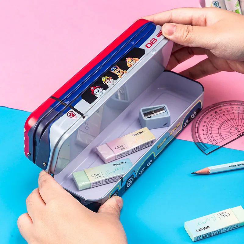 Cartoon Kawaii Paw Patrol Rescue Bus Stationery Box Tinplate Three-Layer Foldable Pencil Box Multi-Function Metal Storage Box view 5