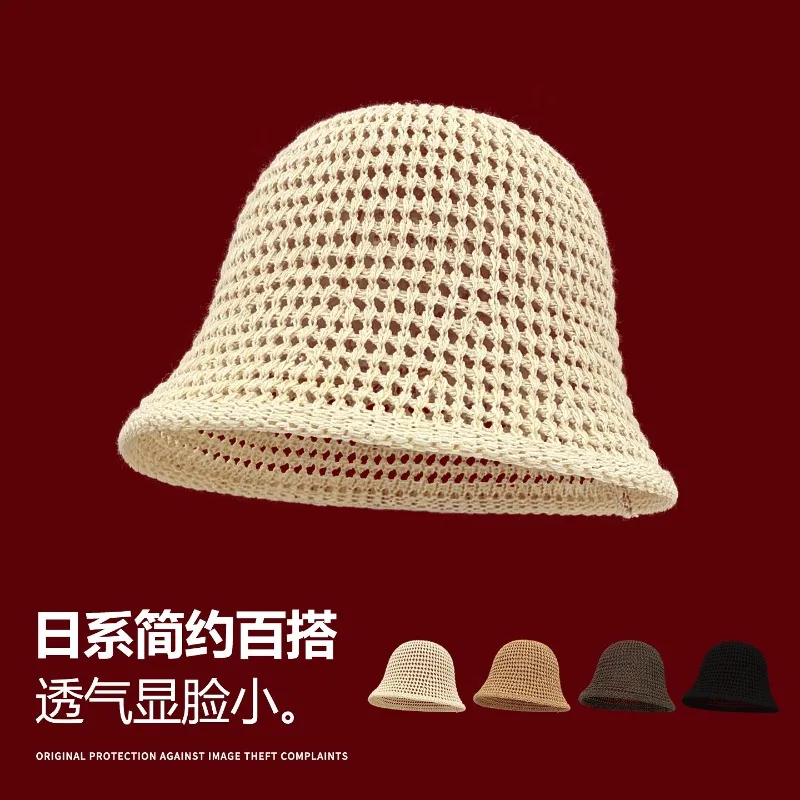 

Japanese Simple Cut-out Knitted Bucket Hat Summer Vacation Light and Breathable Sunshade Foldable Sun Caps for Women