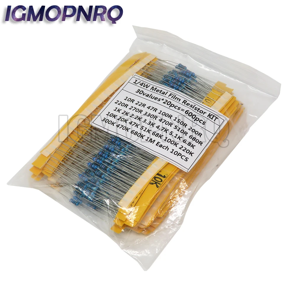 600 teile/satz 30 Arten 1/4 W Widerstand 1% Metall Film Widerstand Pack Assorted Kit 1K 10K 100K 220ohm 470ohm 1M Widerstände 300 teile/satz