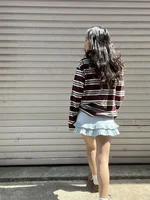 Summer Polo Shirts Woman Long Sleeve Crop Top Color Block Green Striped Print Polo Shirts Mujer Casual Tops Striped Brown Autumn - Image 3