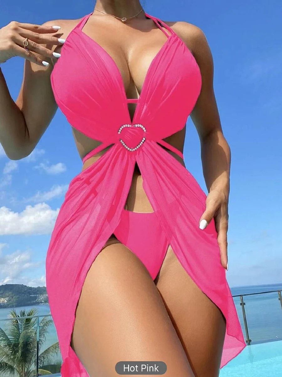 3 Piece Halter String Bikini 2024 Hollow Out Swimsuit Women Padded Swimwear Female Bathers Bathing Swimming Swim Suit Beachwear