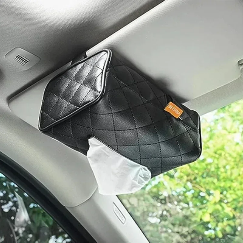 SolidColor Checkered Leather Wear-resistantTissue Box Car Seat Backrest Sunshade Suspension Tissue Bag Buckle Strap Easy Install