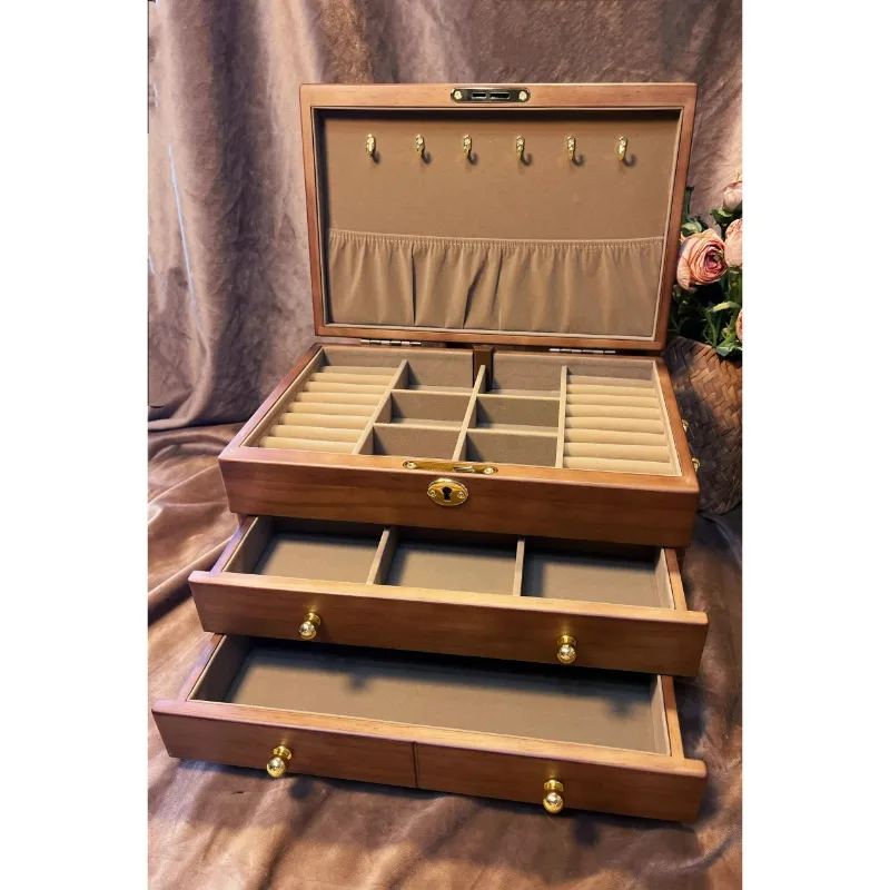 Solid Wood Jewelry Box Necklace Bracelet Earrings Organizer Boxes Wooden Dust Proof Trinket Box Vintage Storage Boxes with Locks