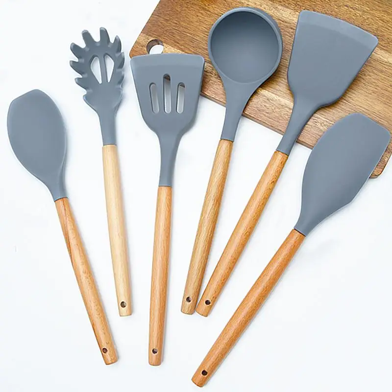 

Bamboo Handle Silicone Kitchen Utensils Set 12pcs Nonstick Heatproof Cooking Tools for Family Meal Prep