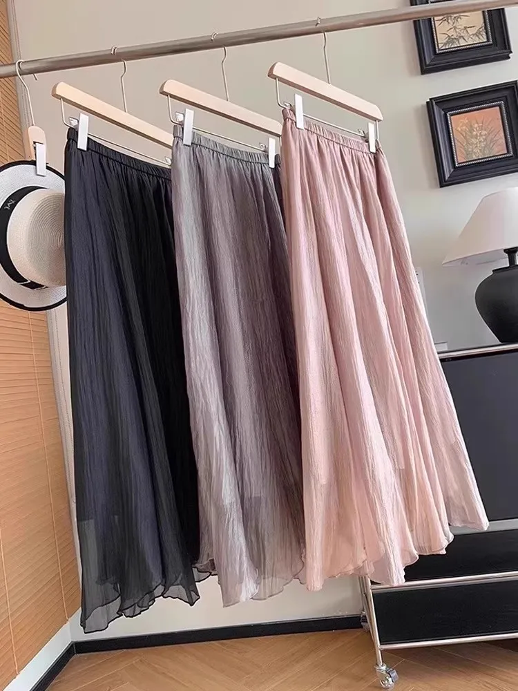 

Ele Lightweight Pearl Glass Thin Waist Midi A-Line Skirt Summer High Waist Pure Color Commute Sle Loose Fit f-length