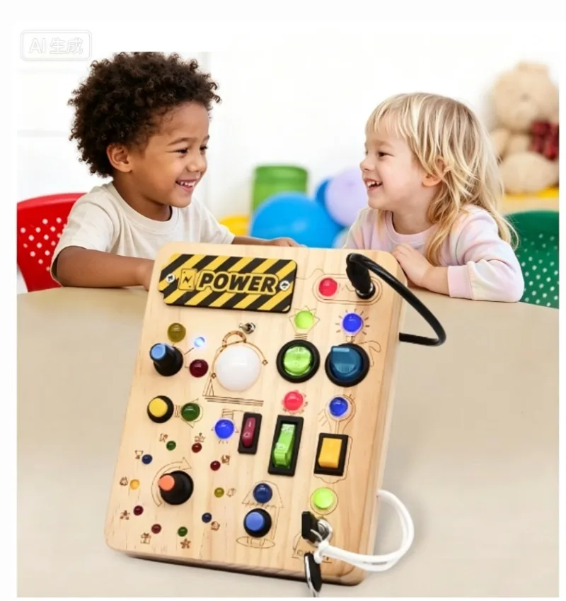 LED Light Switch Busy Board Toddler Light-up Switch Control Wooden Board Fine Motor Skills Kids Activity Game Board Toy Gift