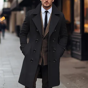 Men's Long Double-Breasted Wool Blend Coat 2 Autumn Winter Men's Woolen Coats Business Casual Fashion Double Breasted Long Woolen Trench Male England Style Wool Blends Coat 2