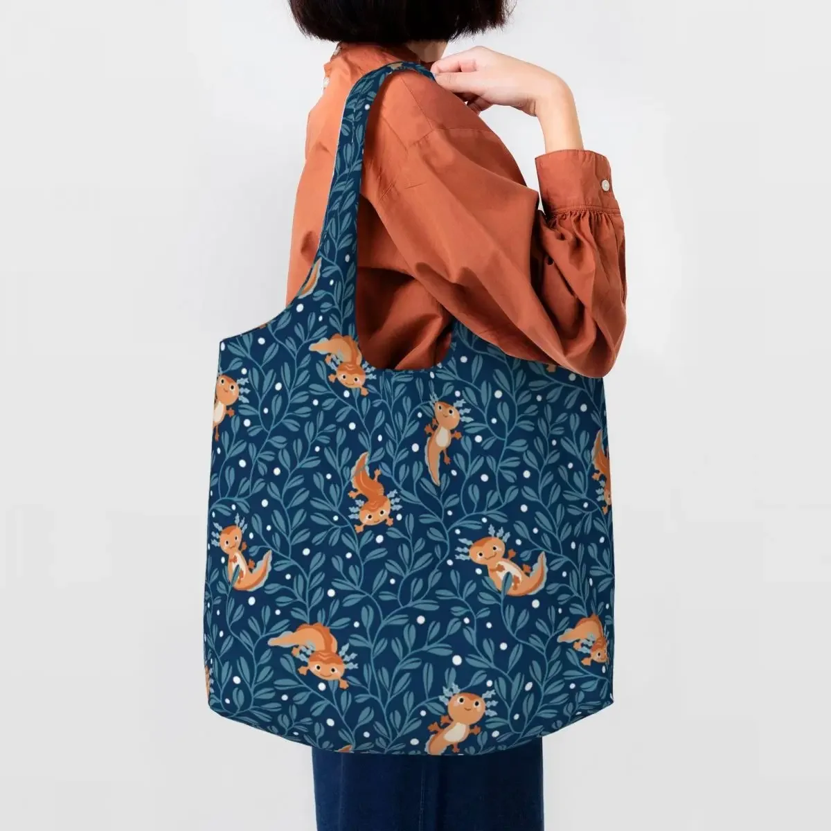 Axolotl Blue Grocery Shopping Bags Printed Canvas Shopper Shoulder Tote Bag Big Capacity Durable Salamander Animal  Bags Handbag