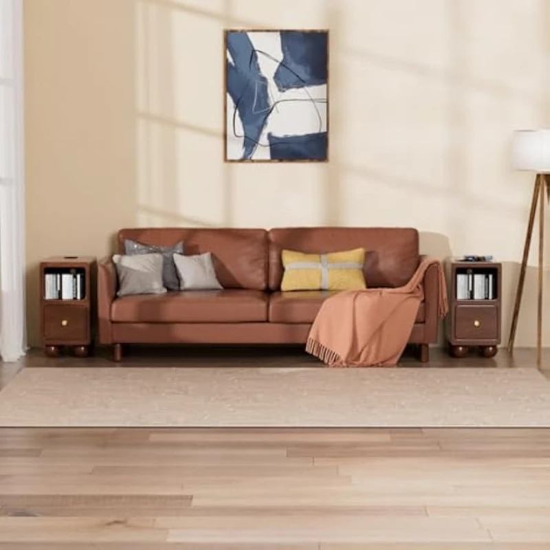 

Narrow Nightstand Solid Wood Night Stand Drawers Bedside Table Wireless Charger And USB Smart Nightstands For Bedrooms Walnut