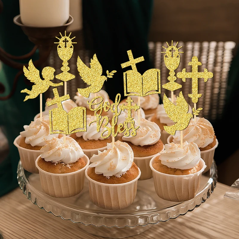 NUBECOM 24 Stück Göttliche Cupcake-Dekoration, glitzernde Segens-Design-Kuchenaufsätze für Taufe, Dekor, Taube, Engel, Kelch, Bibel, Kreuz – Detail 11