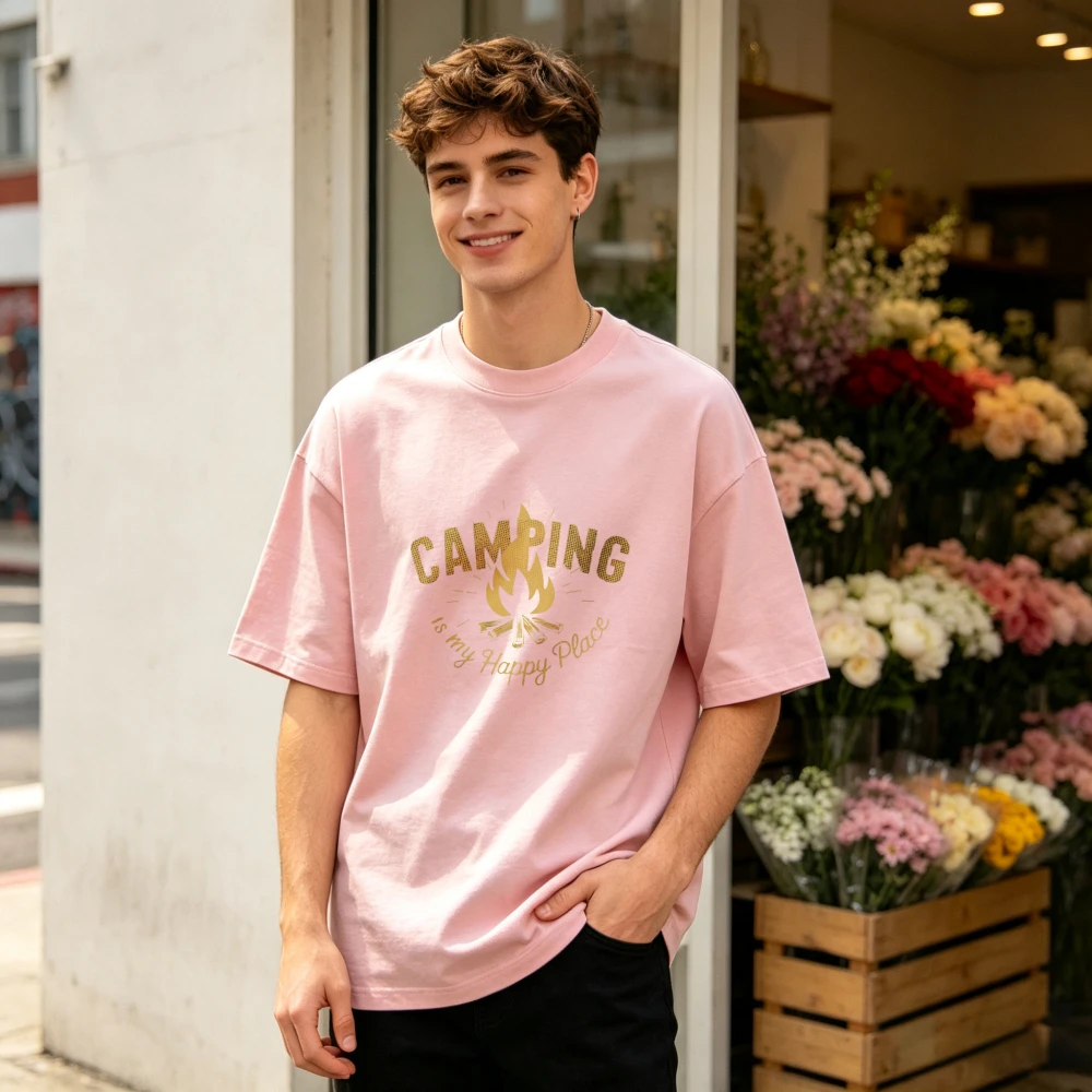 Men Camping Is My Happy Place Graphic T Shirt Campfire Bonfire Print Crew Neck Short Sleeve Tee Outdoor Hiking Adventure Casual