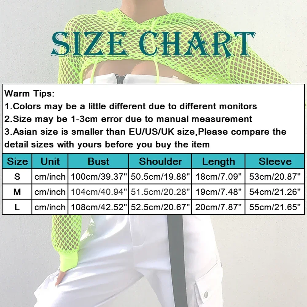 Women Sexy Fishnet Hooded Cropped Top Neon Green Mesh Fishnet Short T Shirts Perspective Smock Long Sleeve Sweatshirt Streetwear