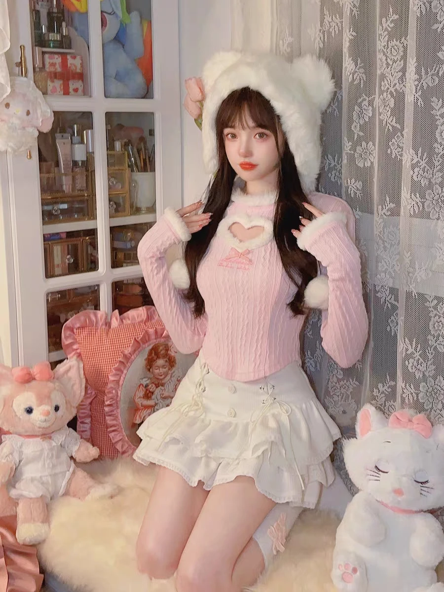 Heart Design White Pink Japanese Kawaii Lolita Blouse Cropped Hollowed Out Slim Knitted Long Sleeve Sweet Bandage Casual Shirt