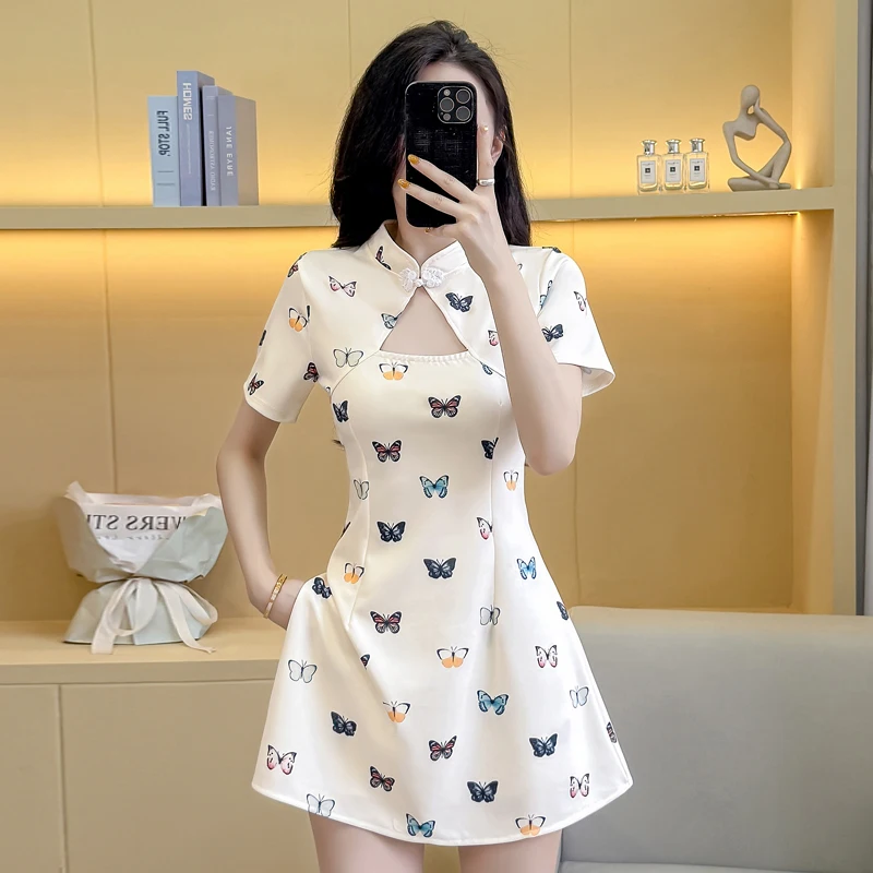 

Butterfly Print Stretch Cheongsam Set - Petite Qipao Dress & Shorts 2-Piece Outfit for Women (XS-2XL)