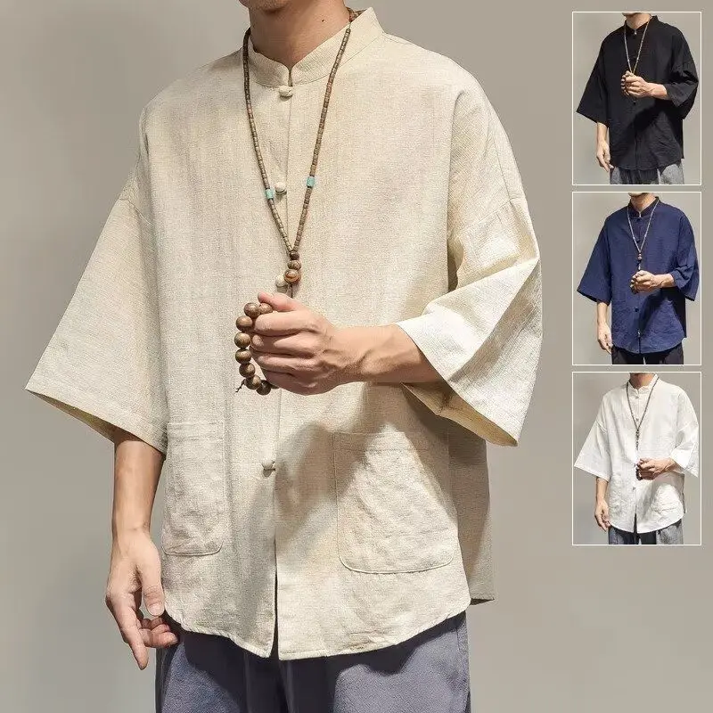 

Youth Summer Thin Linen Seven-Quarter Sve irt Chinese Sle Casual Loose Cotton Linen Loose Top Tang Costume