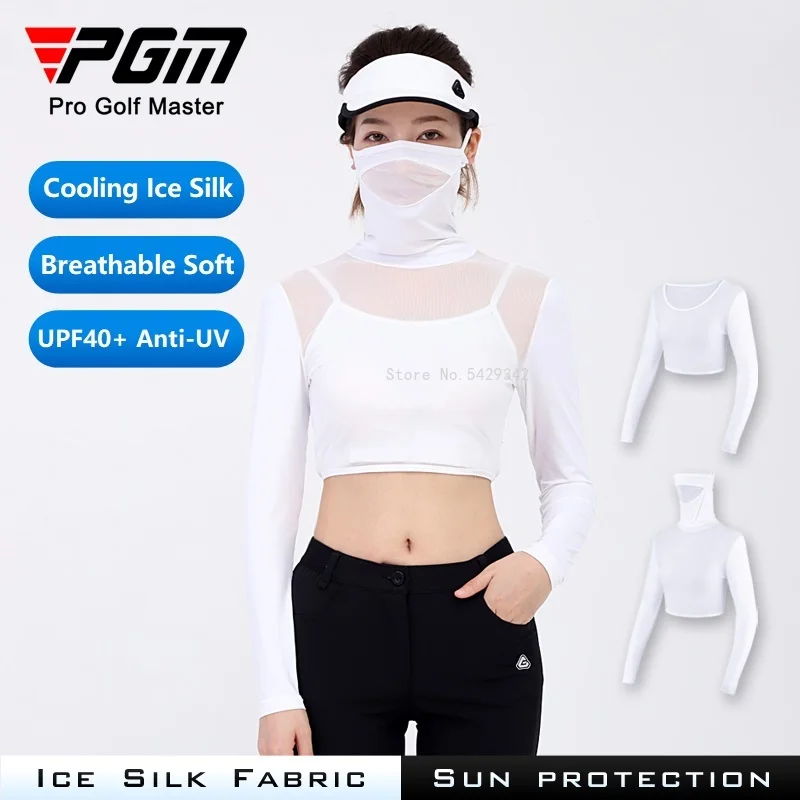 Pgm Womens Ice Silk Cool Shirts Half-Length Long Sleeve Cropped Tops Summer Sunscreen Golf Underwear With Mask Anti-UV UPF40+