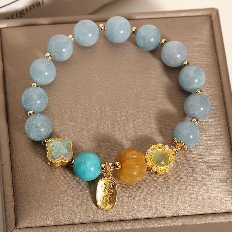 

Natural Aquamarine Pumpkin Bead Four-leaf Clover Exquisite Crystal Bracelet Female Niche Design Luckier Single-circle Handstring